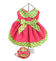 Hot Pink and Lime Green Polka Dot Dress with Veil Hat and Leash