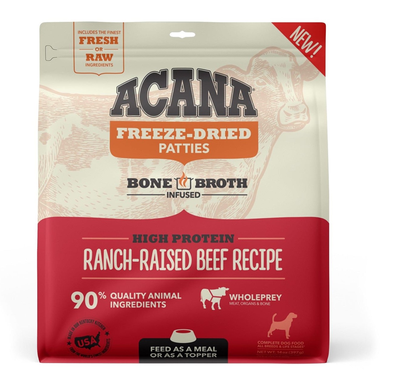 Acana Grain Free High Protein Fresh Raw Animal Ingredients Ranch Raised Beef Recipe Freeze Dried Patties Dog Food