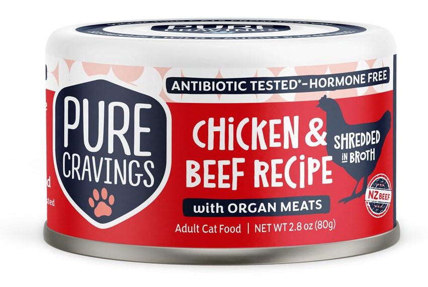 Pure Cravings Chicken and Beef Recipe Shredded in Broth Cat Can