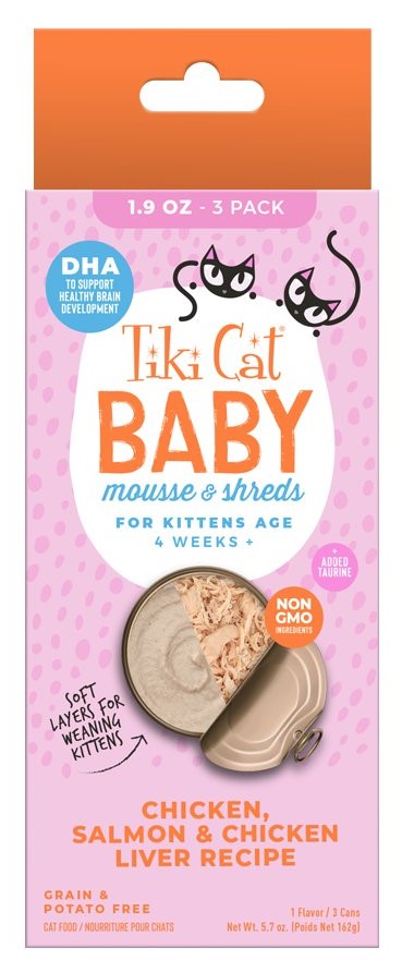 Tiki Cat Baby Chicken, Salmon and Chicken Liver Shreds and Mousse