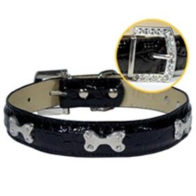 Faux Croc Collar with Bones Black