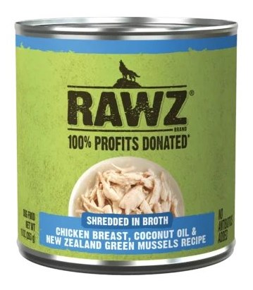 Rawz Dog Can Shredded Chicken Breast Coconut Oil New Zealand Green Mussels