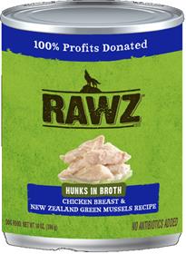 Rawz Hunks in Broth Chicken Breast and New Zealand Green Mussels Dog Food Can